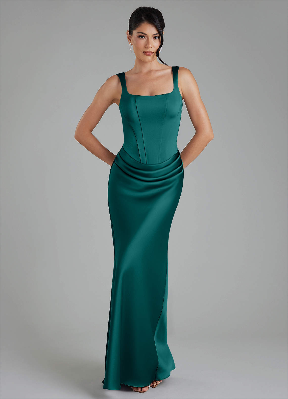 Etta Mermaid Square-Neck Stretch Satin Bridesmaid Dress in Peacock