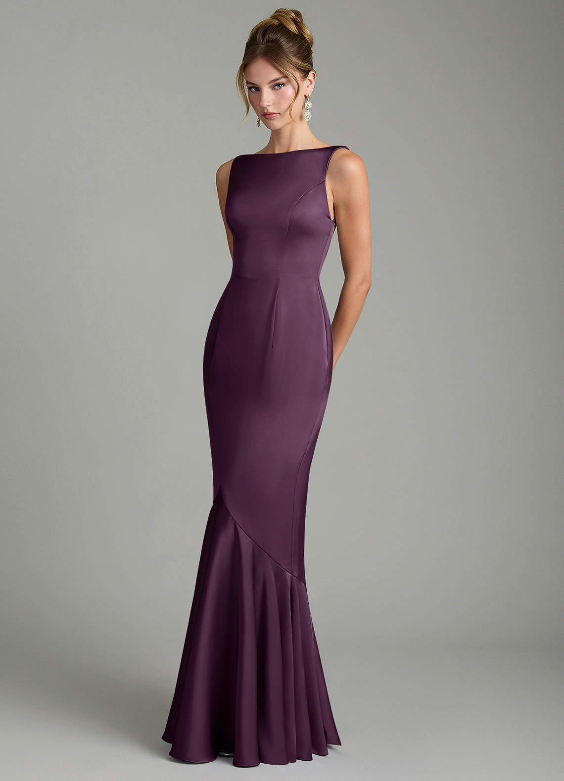 Tamera Mermaid Boat-Neck Stretch Satin and Chiffon Bridesmaid Dress in Plum