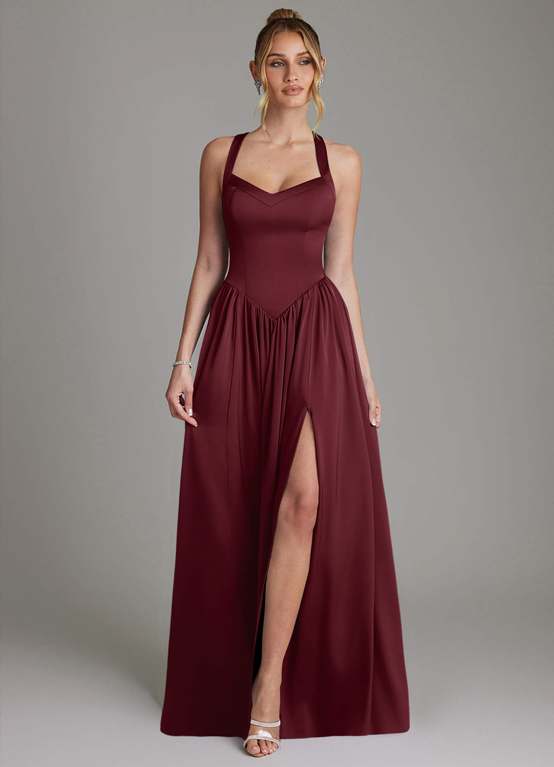 Francis A-Line V-Neck Stretch Satin Bridesmaid Dress in Cabernet