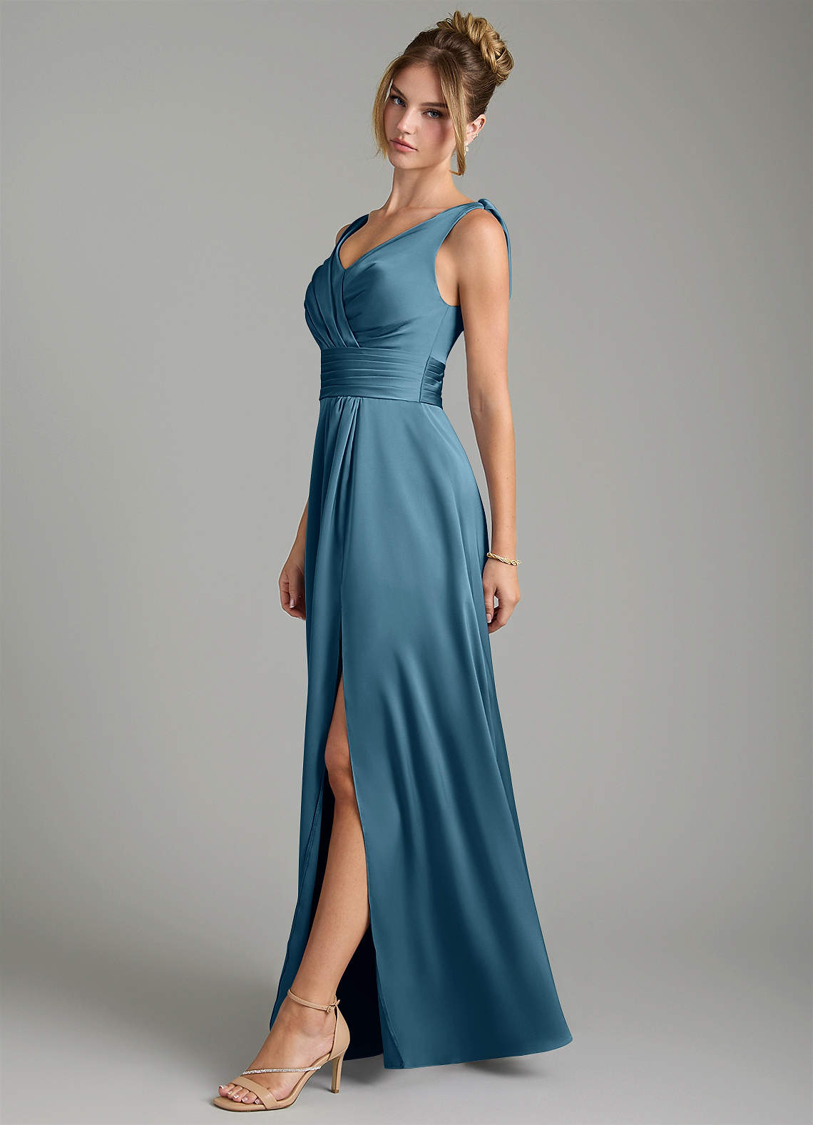 Karina A-Line V-Neck Stretch Satin Bridesmaid Dress in Bermuda