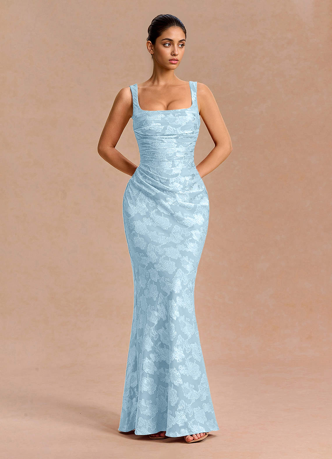 Agustina Square-Neck Pleated Fil Coupé Evening Dress in Powder Blue
