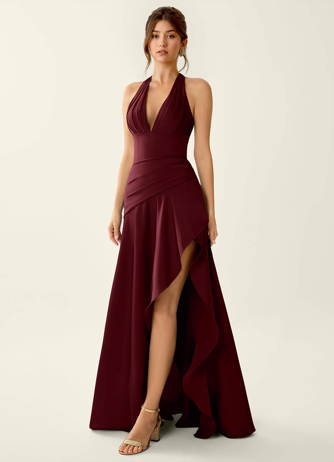 Titania Halter Asymmetric-Ruffle Satin Evening Dress in Pastel Yellow