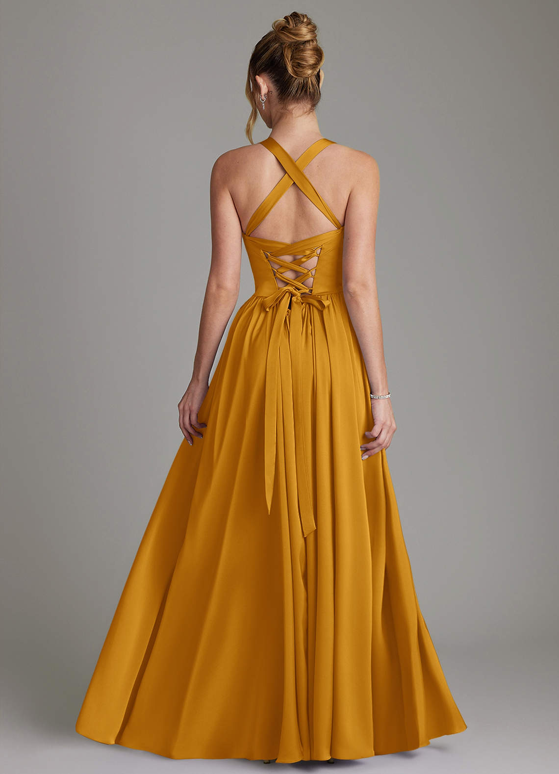 Francis A-Line V-Neck Stretch Satin Bridesmaid Dress in butterscotch
