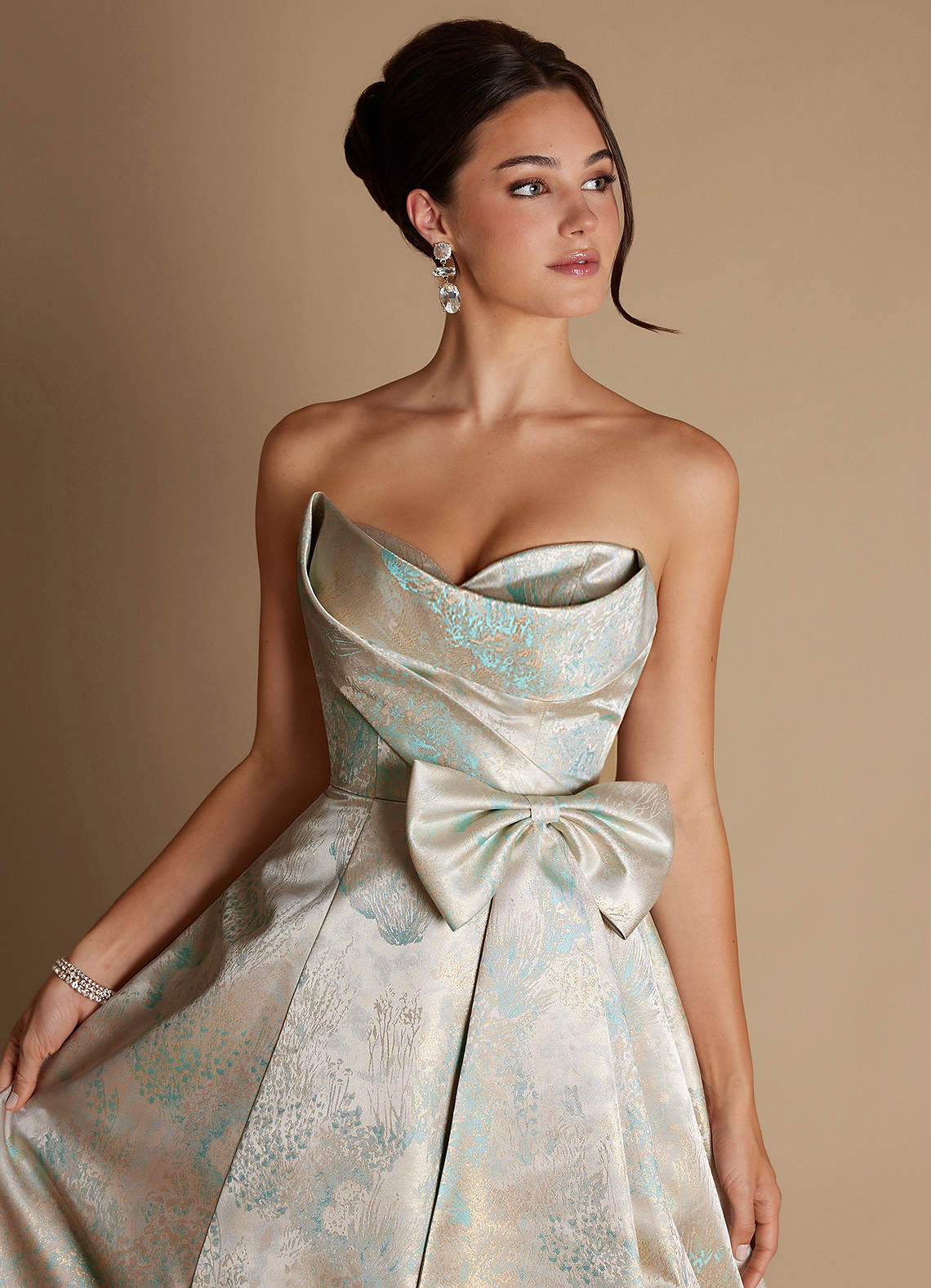 Alanis A-Line Strapless Brocade Evening Dress in Mint Pearl