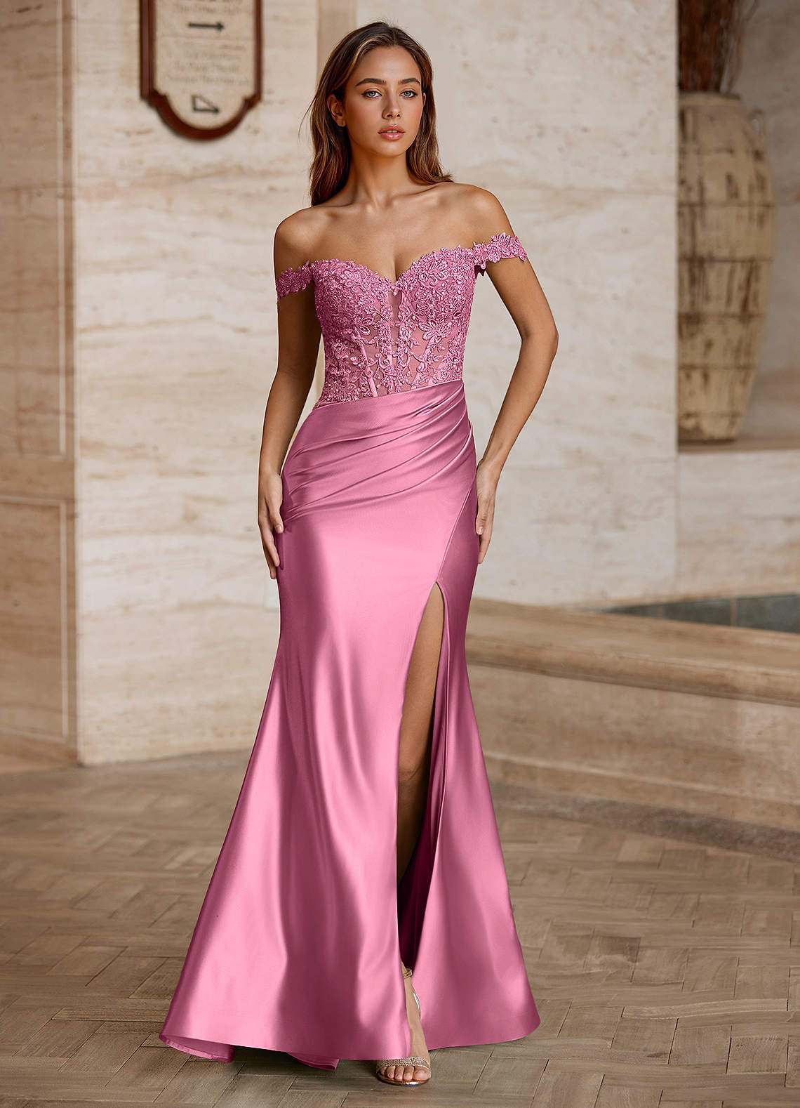 Wrentino Mermaid Off-the-Shoulder Stretch Satin Evening Dress in Dusty Pink