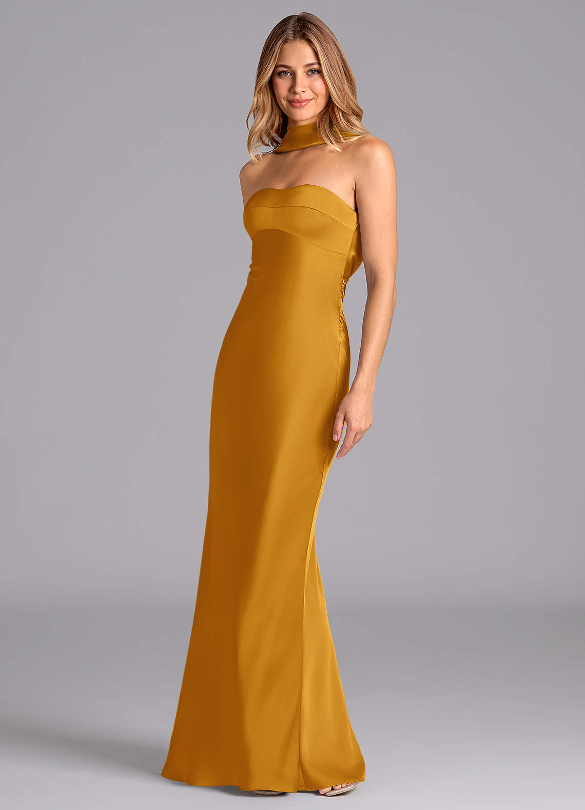 Lusinda Mermaid Strapless Stretch Satin Bridesmaid Dress in butterscotch