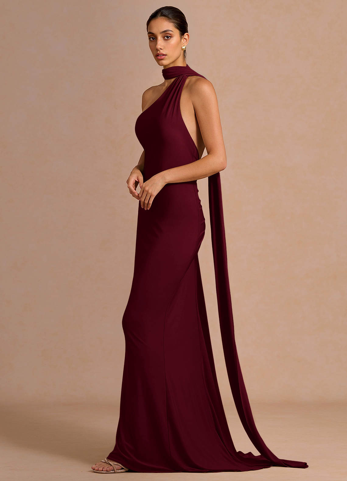 Miliani Sheath Neck-Tie Stretch Knit Evening Dress in Merlot