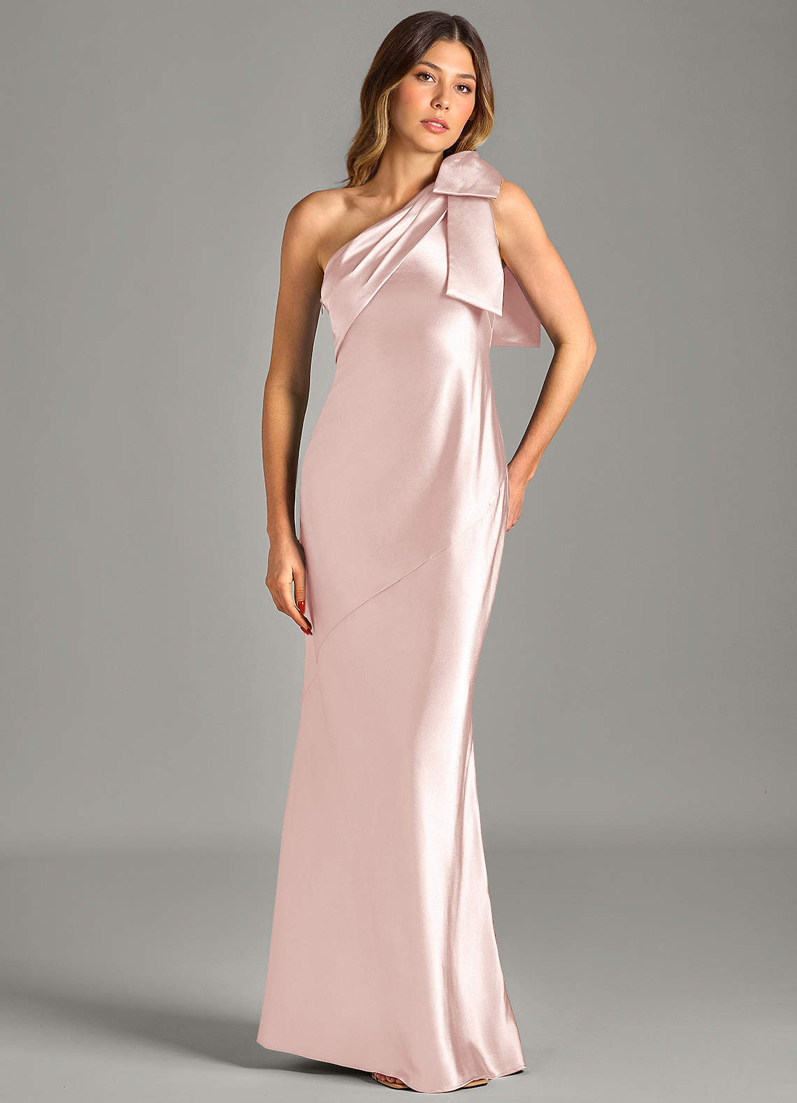 Yuanna Mermaid One-Shoulder Metallic Satin Bridesmaid Dress in Blushing Pink