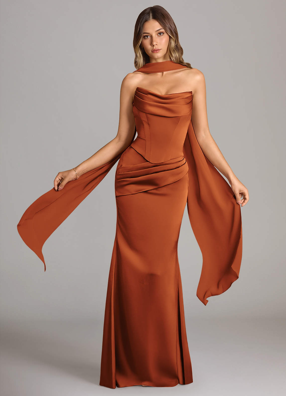 Sorrel Mermaid Cowl-Neck Stretch Satin and Chiffon Bridesmaid Dress in Cinnamon