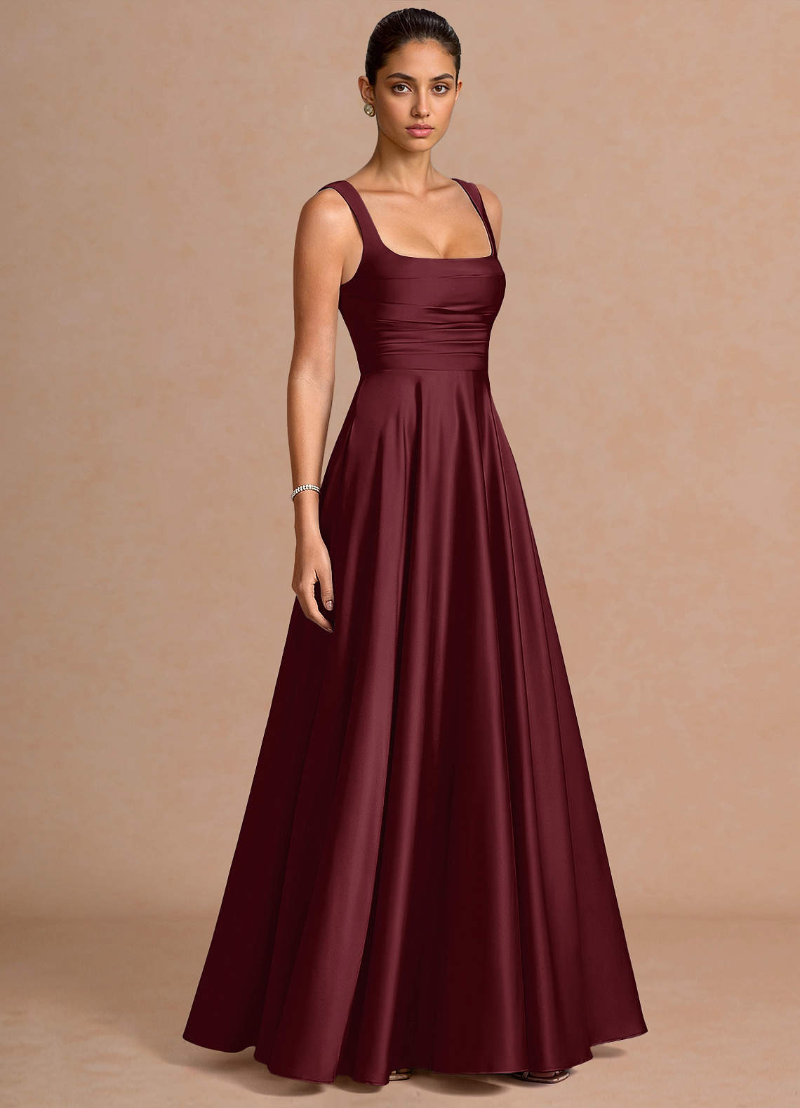 Azaria A-Line Square-Neck Stretch Satin Wedding Guest Dress in Haze blue