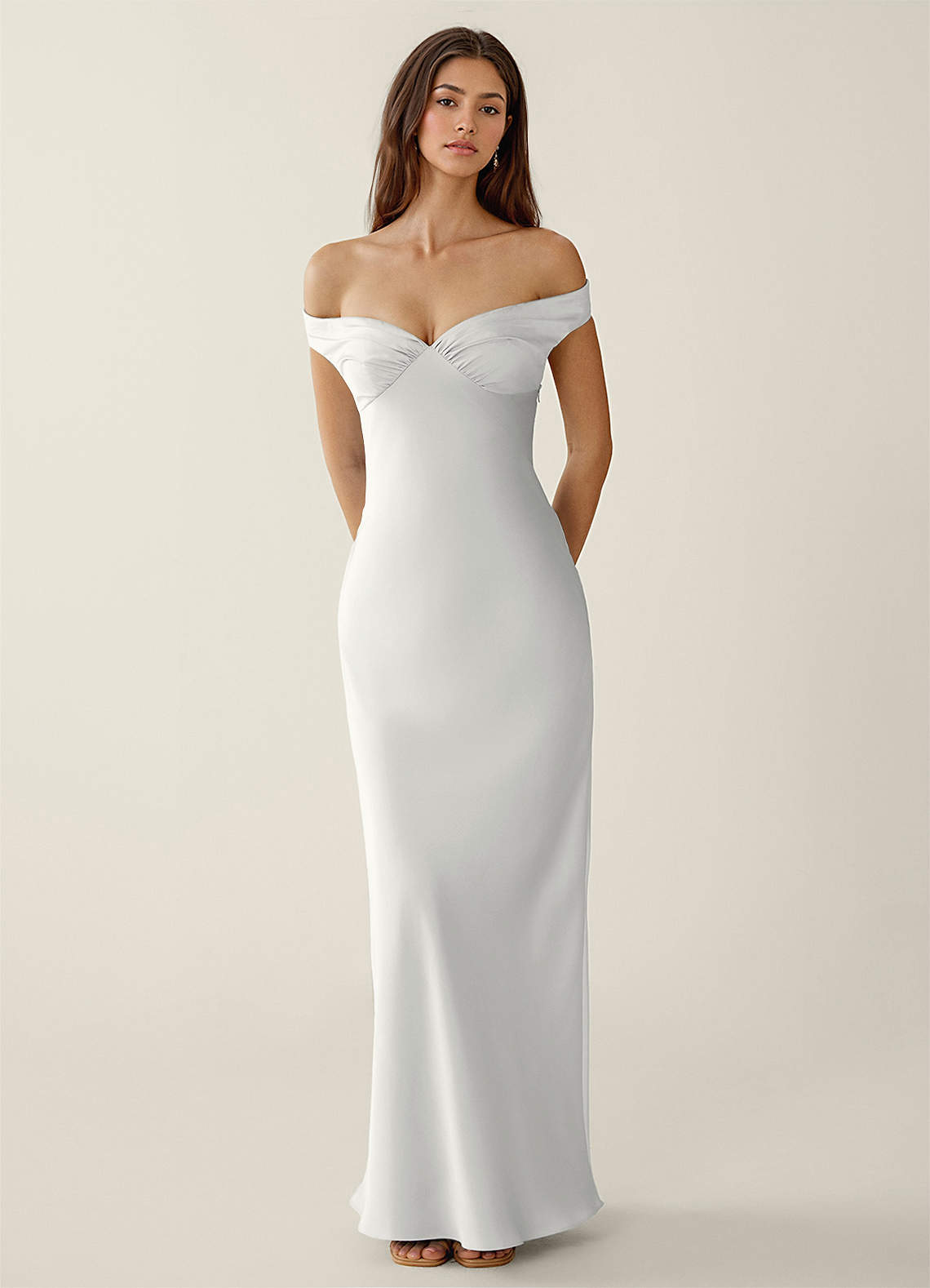Gwendonme Sheath Off-the-Shoulder Satin Crystal Linen Evening Dress in white