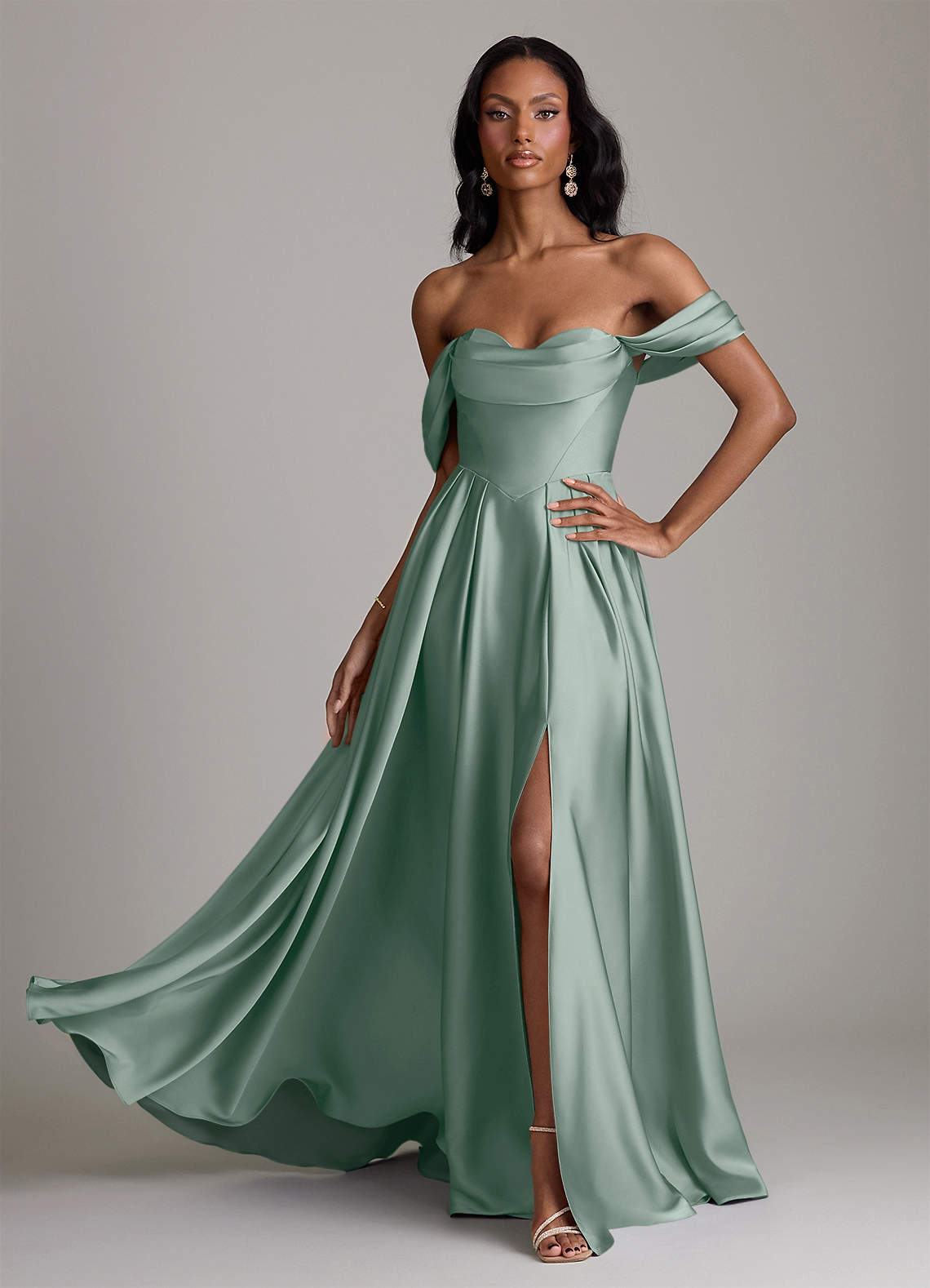 Loisa A-Line Off-the-Shoulder Stretch Satin Bridesmaid Dress in Silver Sage