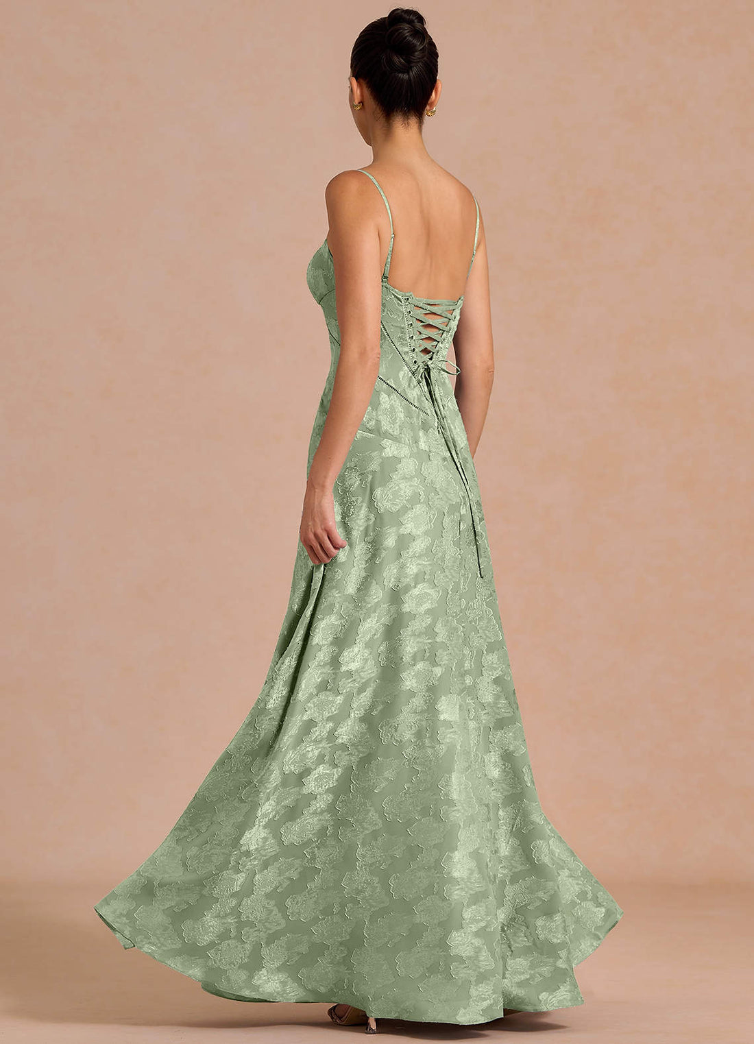 Iselda A-Line Lace-Up Fil Coupé Evening Dress in Light Green