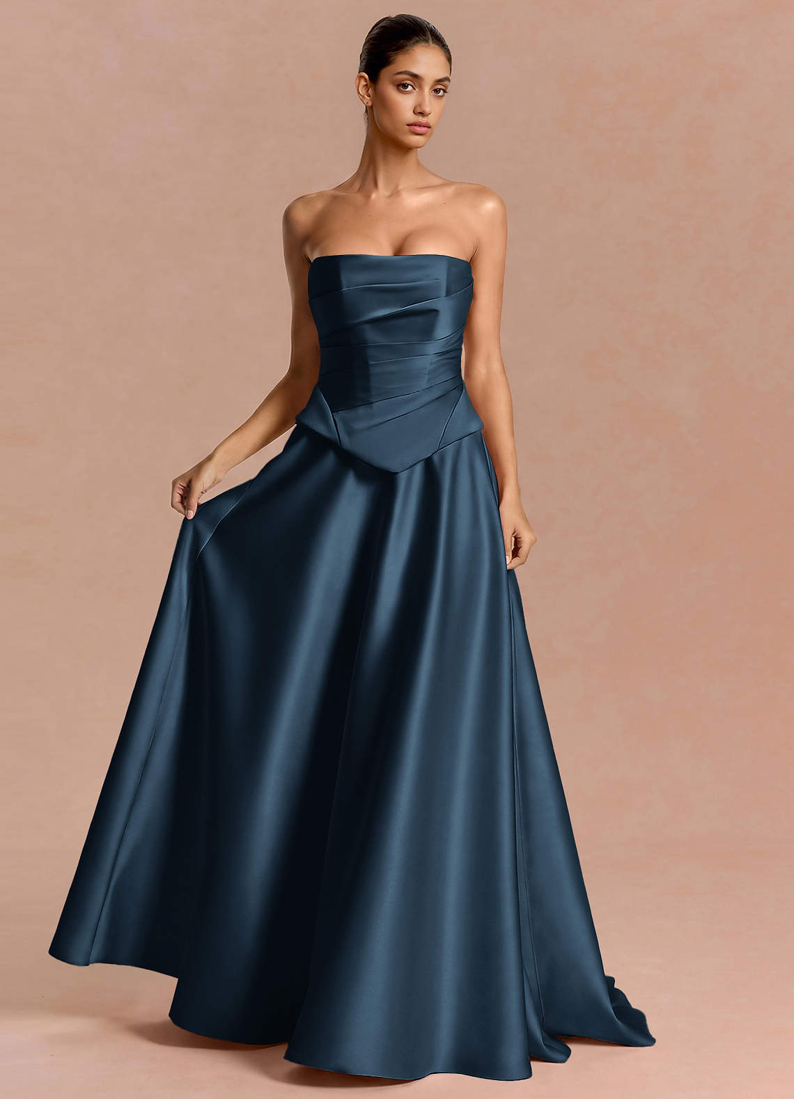 Eponine A-Line Pleated Stretch Satin Evening Dress in Navy