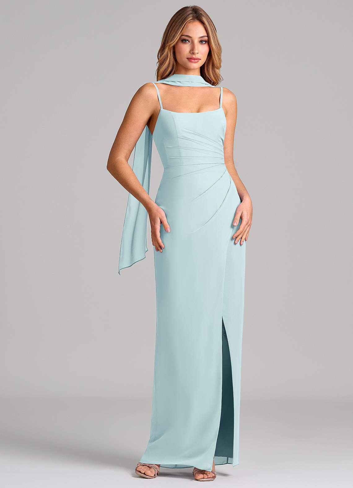 Calandra Sheath Scoop-Neck Chiffon Bridesmaid Dress in Sea Glass