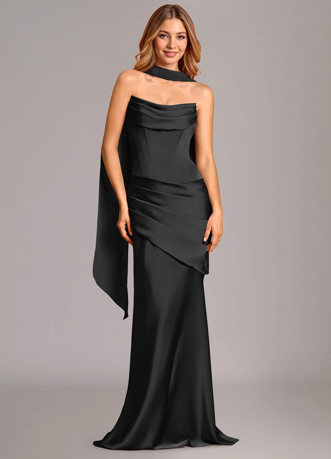 Pelagia Mermaid Cowl-Neck Stretch Satin Bridesmaid Dress in black