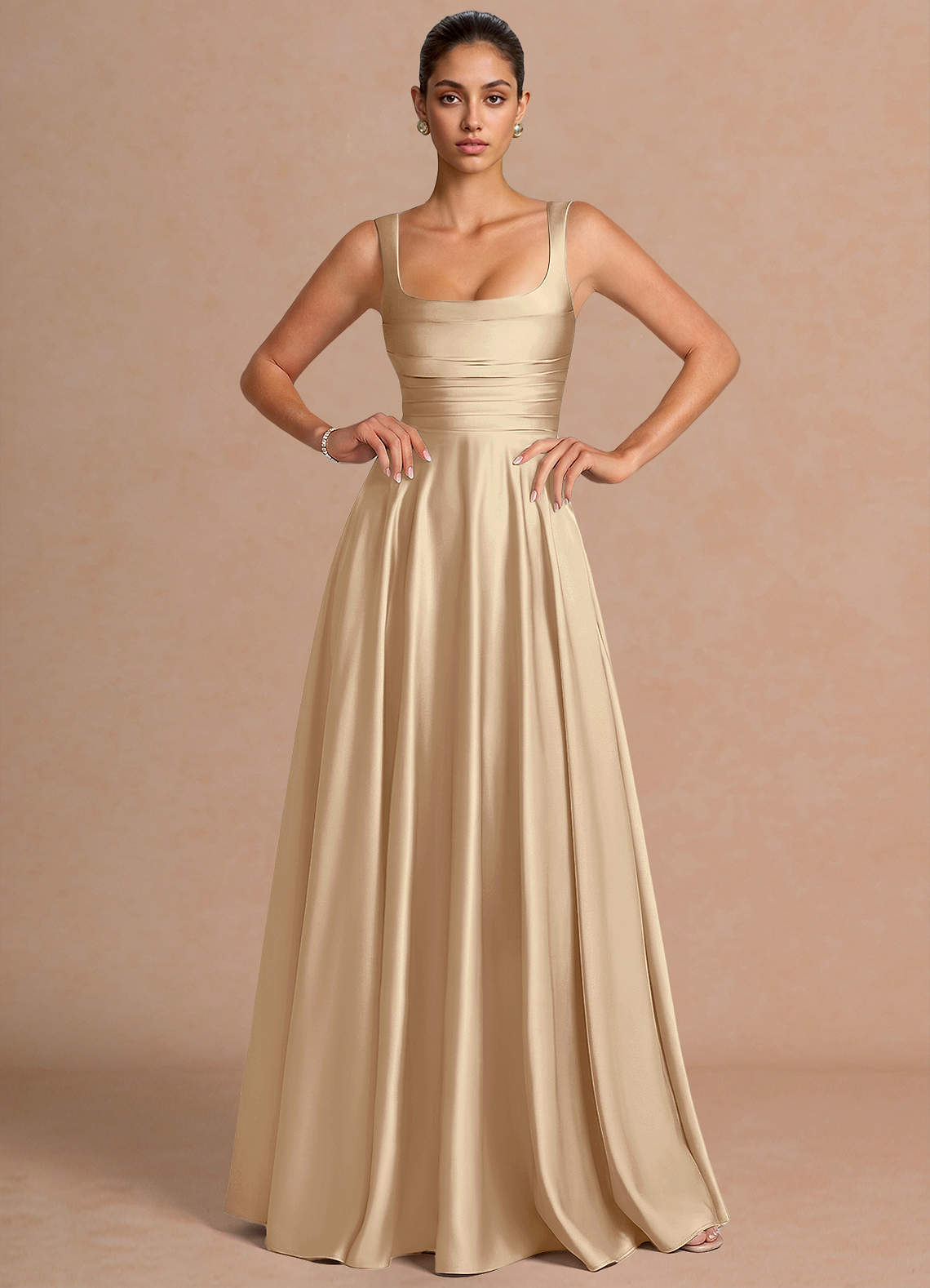 Azaria A-Line Square-Neck Stretch Satin Wedding Guest Dress in Champagne