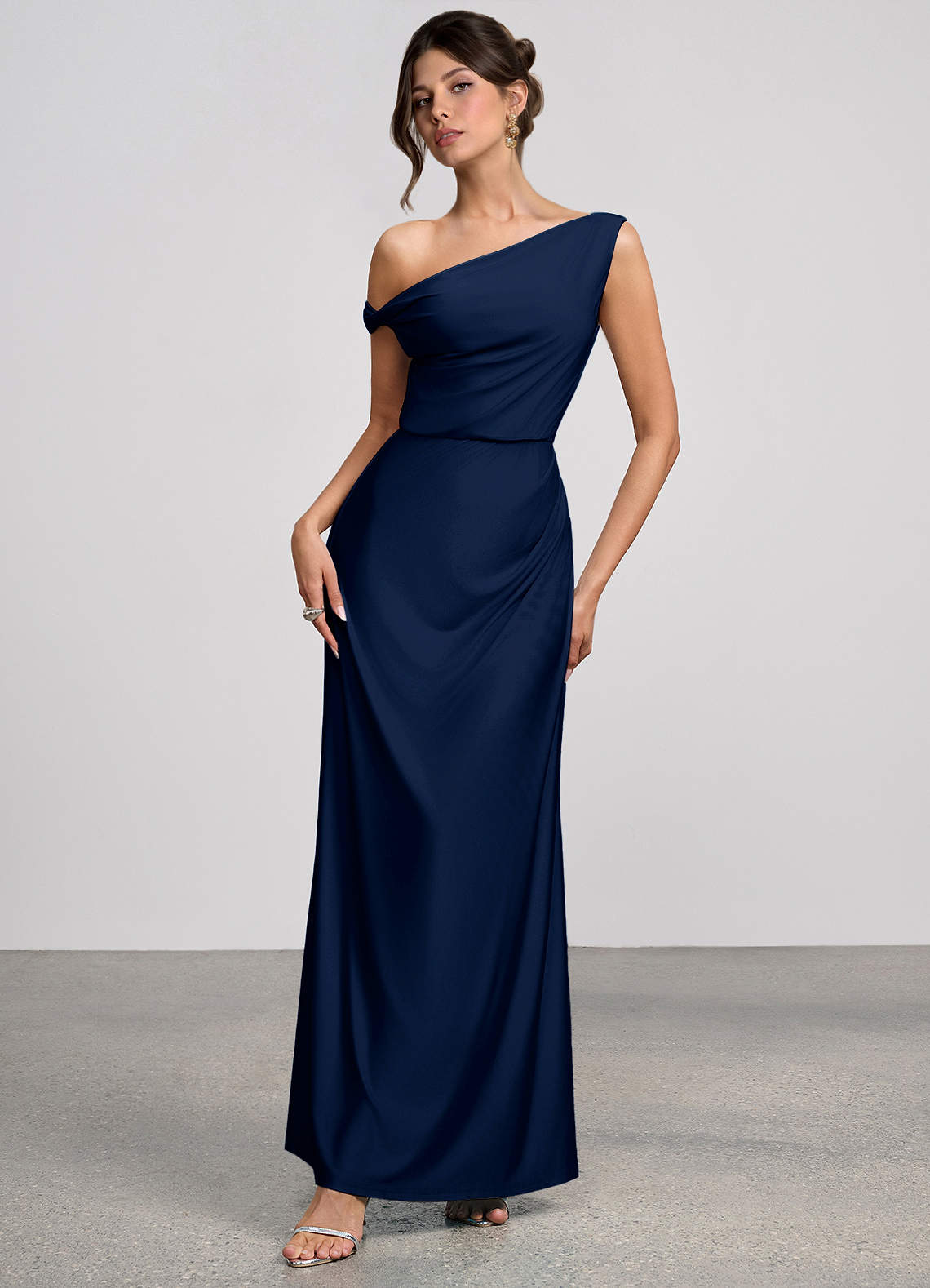 Elowen Mermaid One-Shoulder Glossy Knit Evening Dress in Navy
