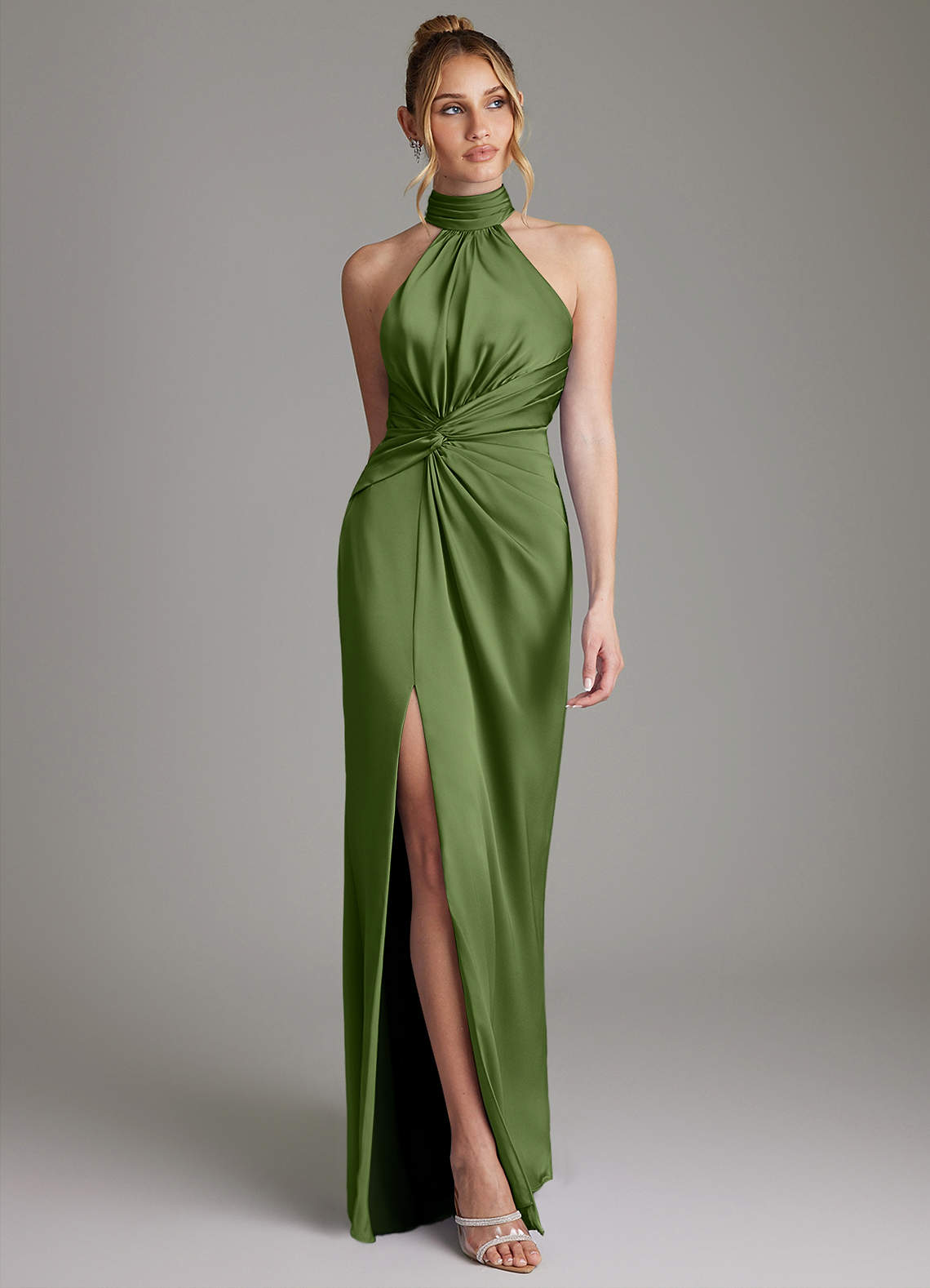 Gracelynn Sheath Halter Stretch Satin Bridesmaid Dress in Juniper