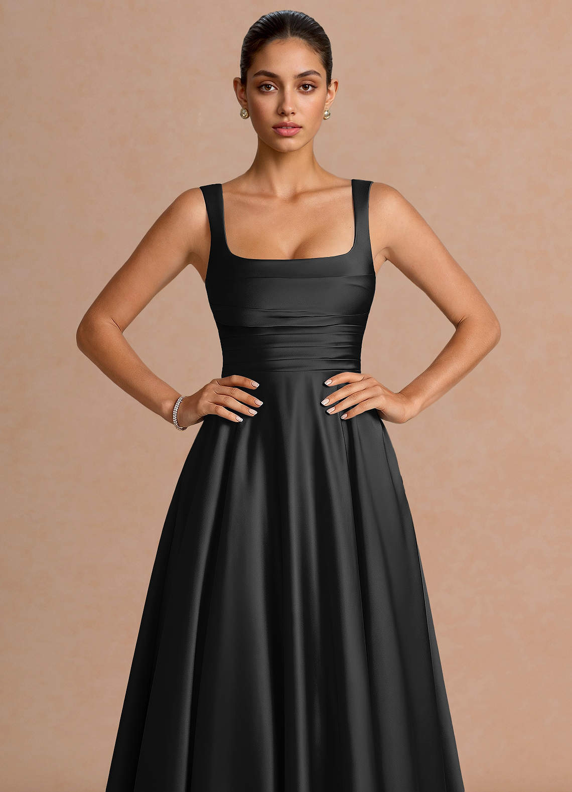 Azaria A-Line Square-Neck Stretch Satin Wedding Guest Dress in black