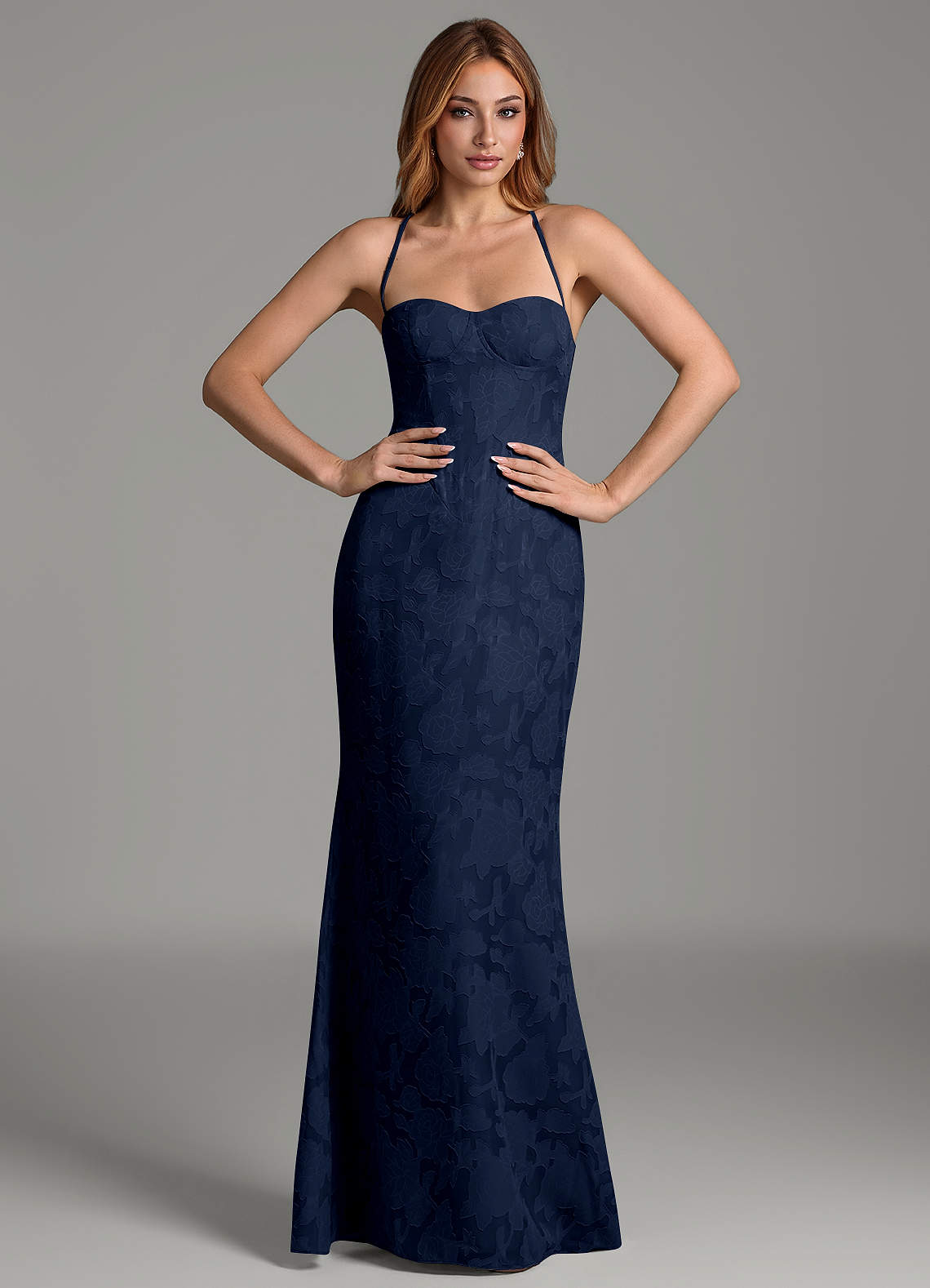 Dara Mermaid Sweetheart Floral Burnout Bridesmaid Dress in Dark Navy