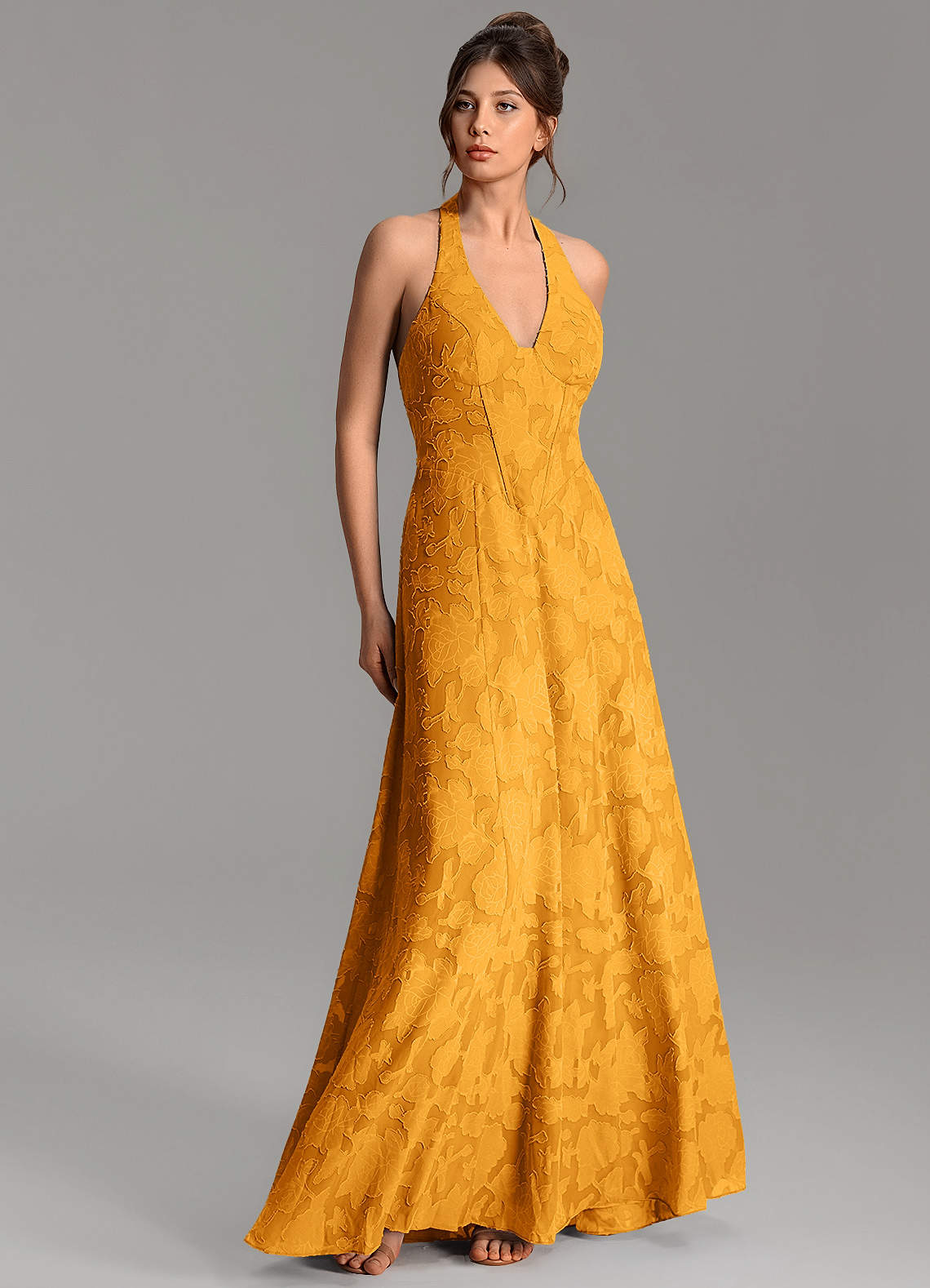 Nia A-Line V-Neck Floral Burnout Bridesmaid Dress in butterscotch