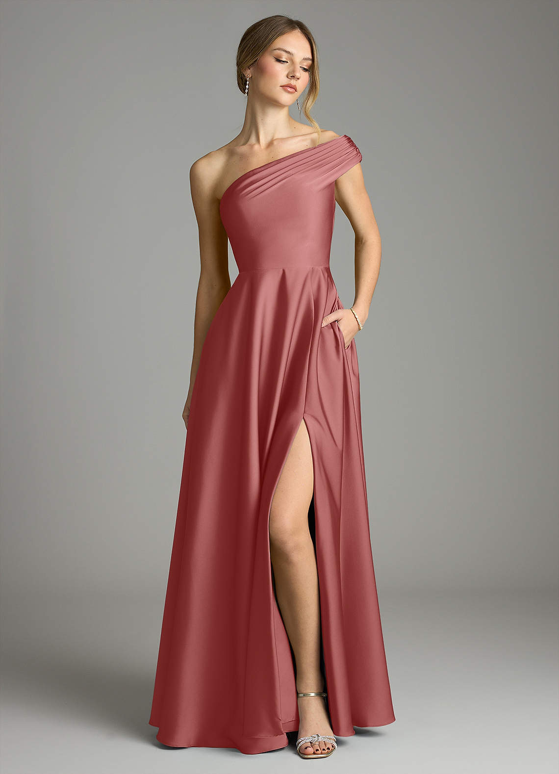 Melanie A-Line One-Shoulder Stretch Satin Bridesmaid Dress in Antique Rose