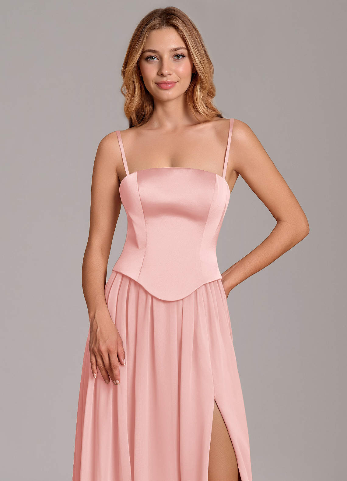 Cadence A-Line Strapless Chiffon and Stretch Satin Bridesmaid Dress in Powder Pink