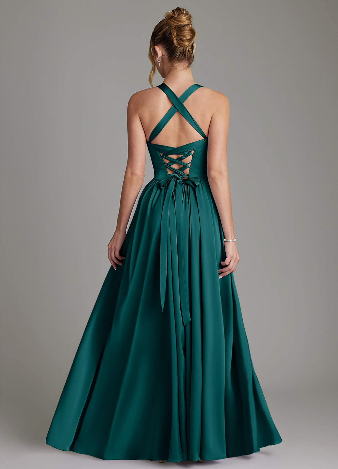 Francis A-Line V-Neck Stretch Satin Bridesmaid Dress in Peacock