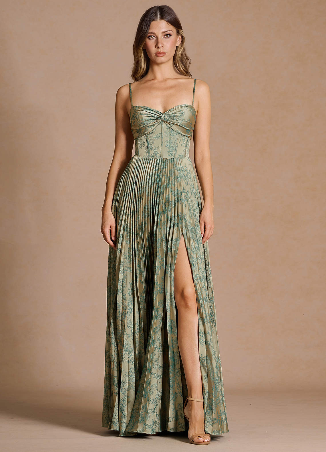 Vesper Pleated Knot-Neck Jacquard Wedding Guest Dress in Platinum Teal