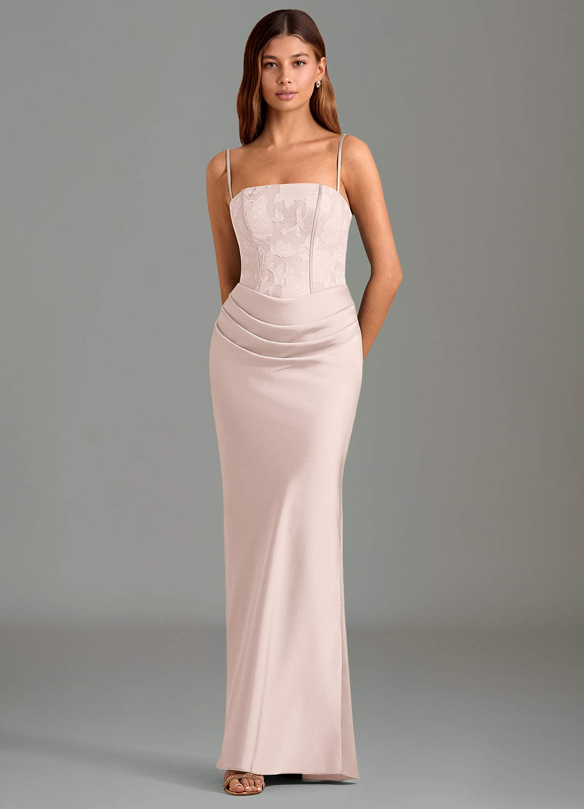 Emilia Mermaid Strapless Stretch Satin and Floral Burnout Bridesmaid Dress in Blushing Pink