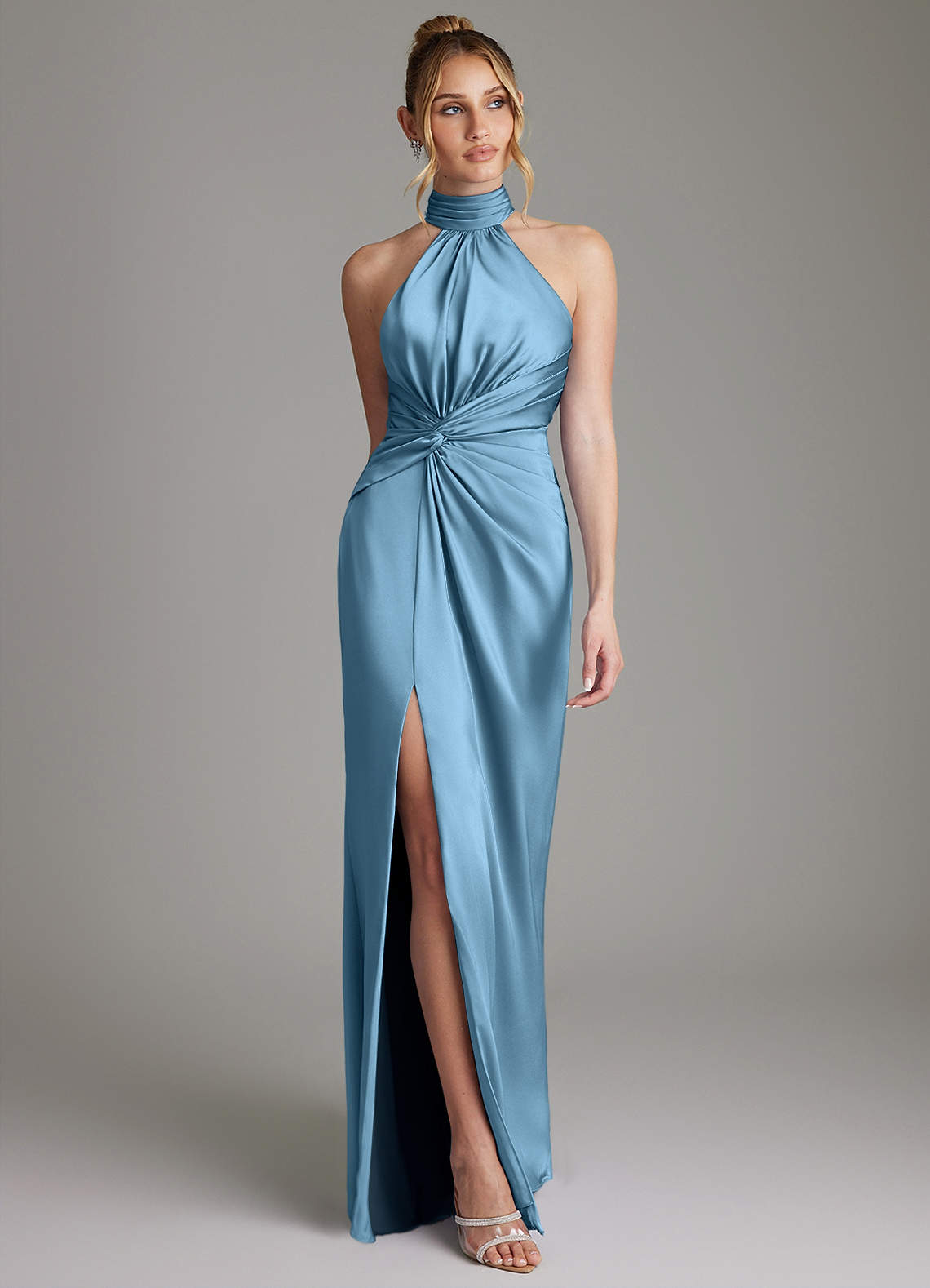 Gracelynn Sheath Halter Stretch Satin Bridesmaid Dress in Steel Blue