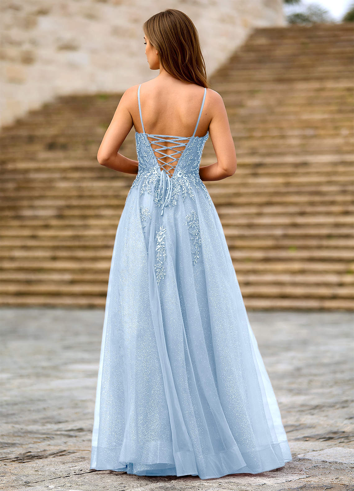 Milliener A-Line V-Neck Tulle Evening Dress in Sky Blue