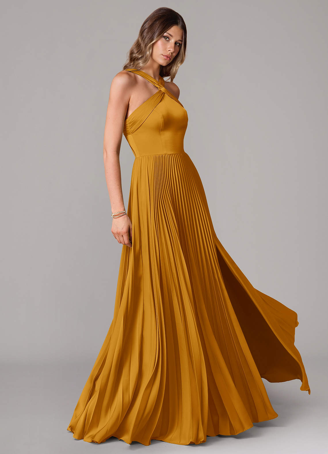 Afra A-Line Halter-Neck Stretch Satin Bridesmaid Dress in butterscotch