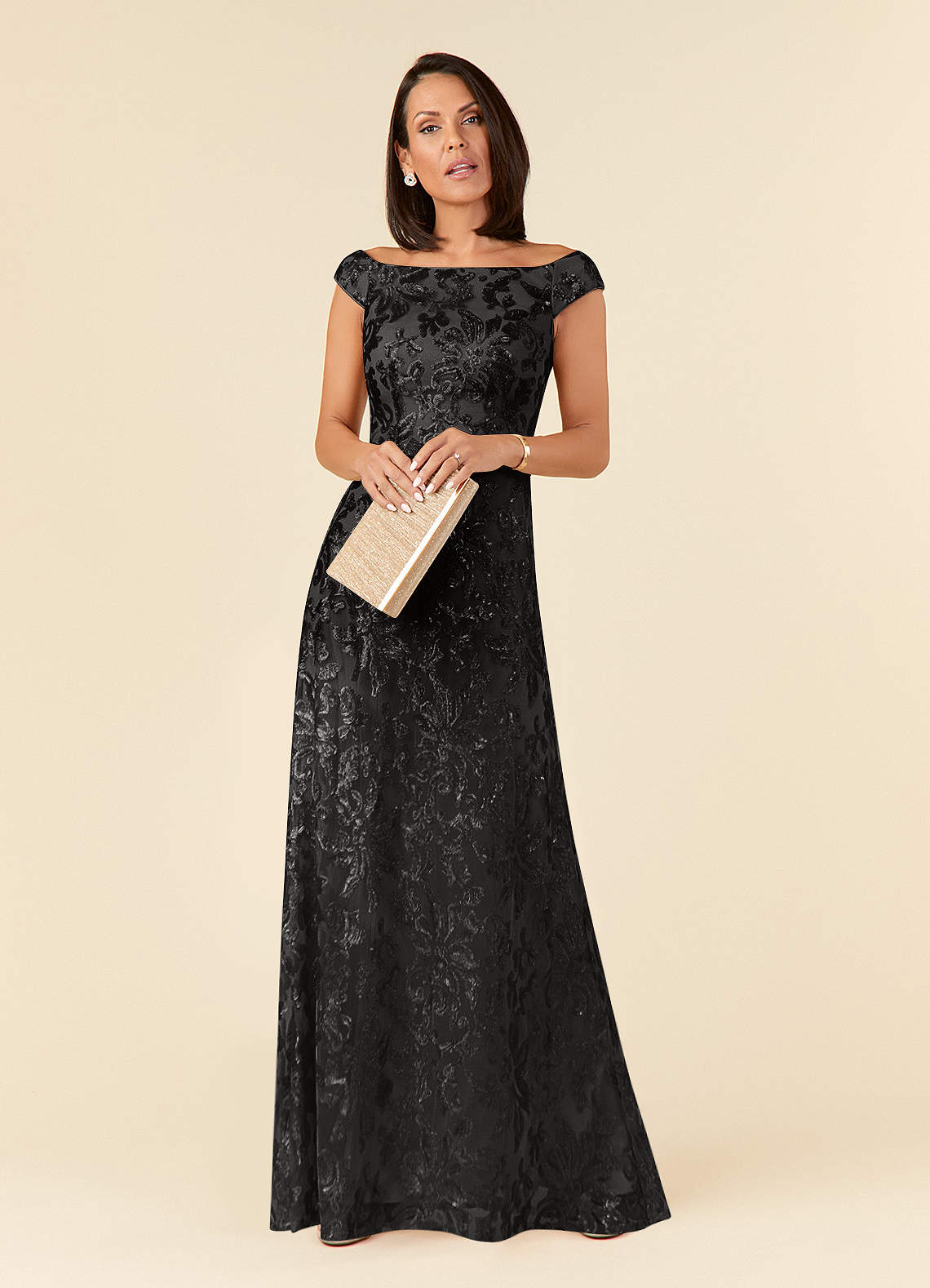 Porcelain A-Line Off-the-Shoulder Lace Mother of the Bride Dress in black