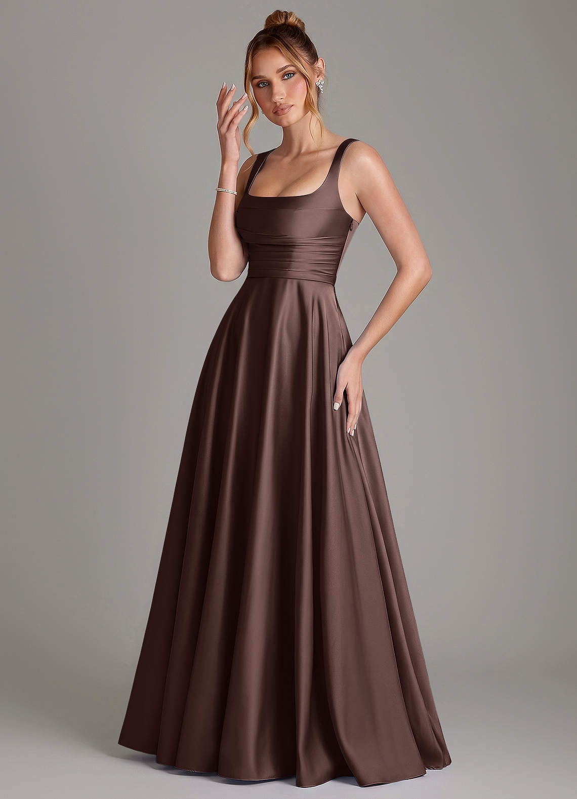 Azaria A-Line Square-Neck Stretch Satin Bridesmaid Dress in Ganache