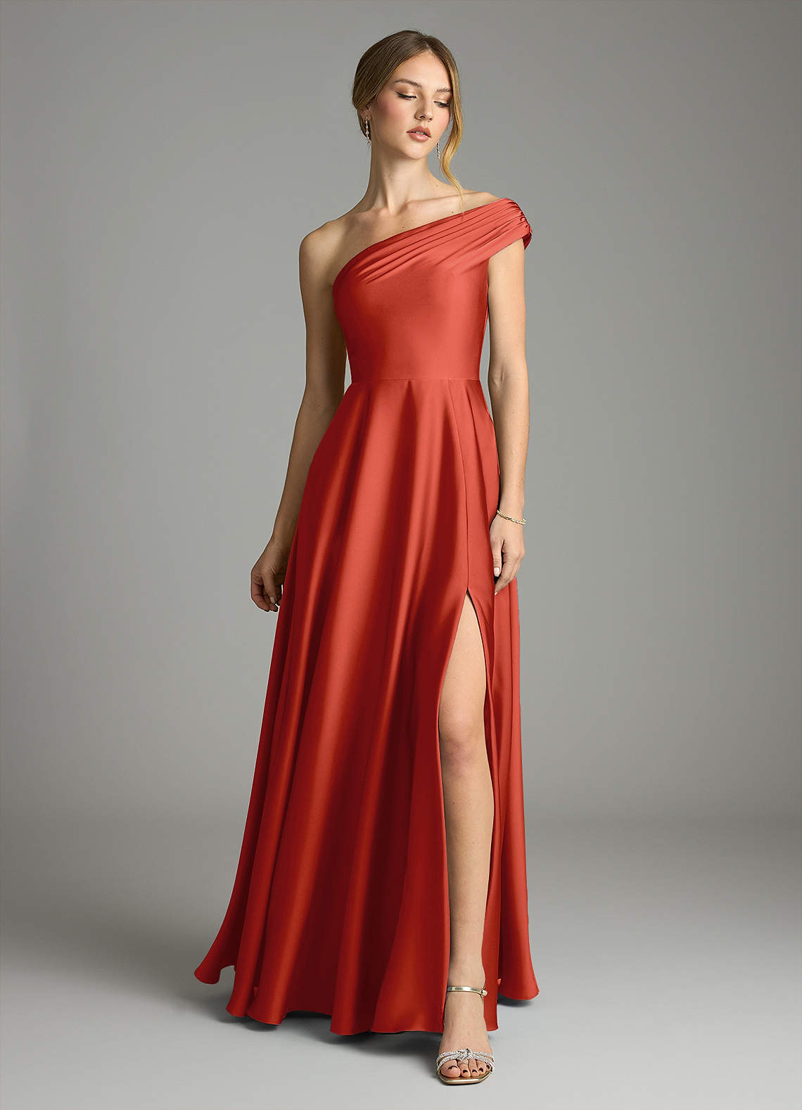 Melanie A-Line One-Shoulder Stretch Satin Bridesmaid Dress in Rust