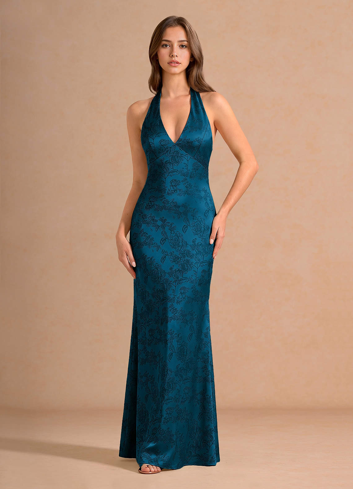 Ottoline Plunging V-Neck Open-Back Jacquard Evening Dress in Moss Navy