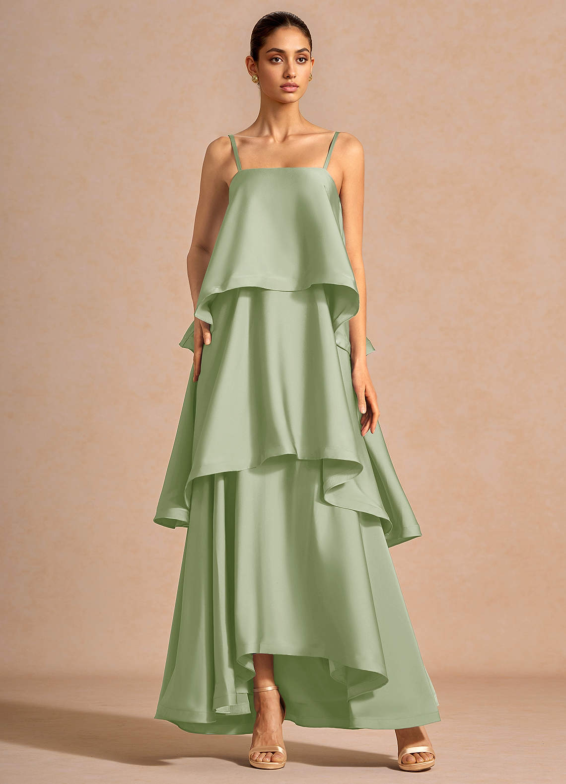 Itasca A-Line Tiered Stretch Satin Wedding Guest Dress in Light Green
