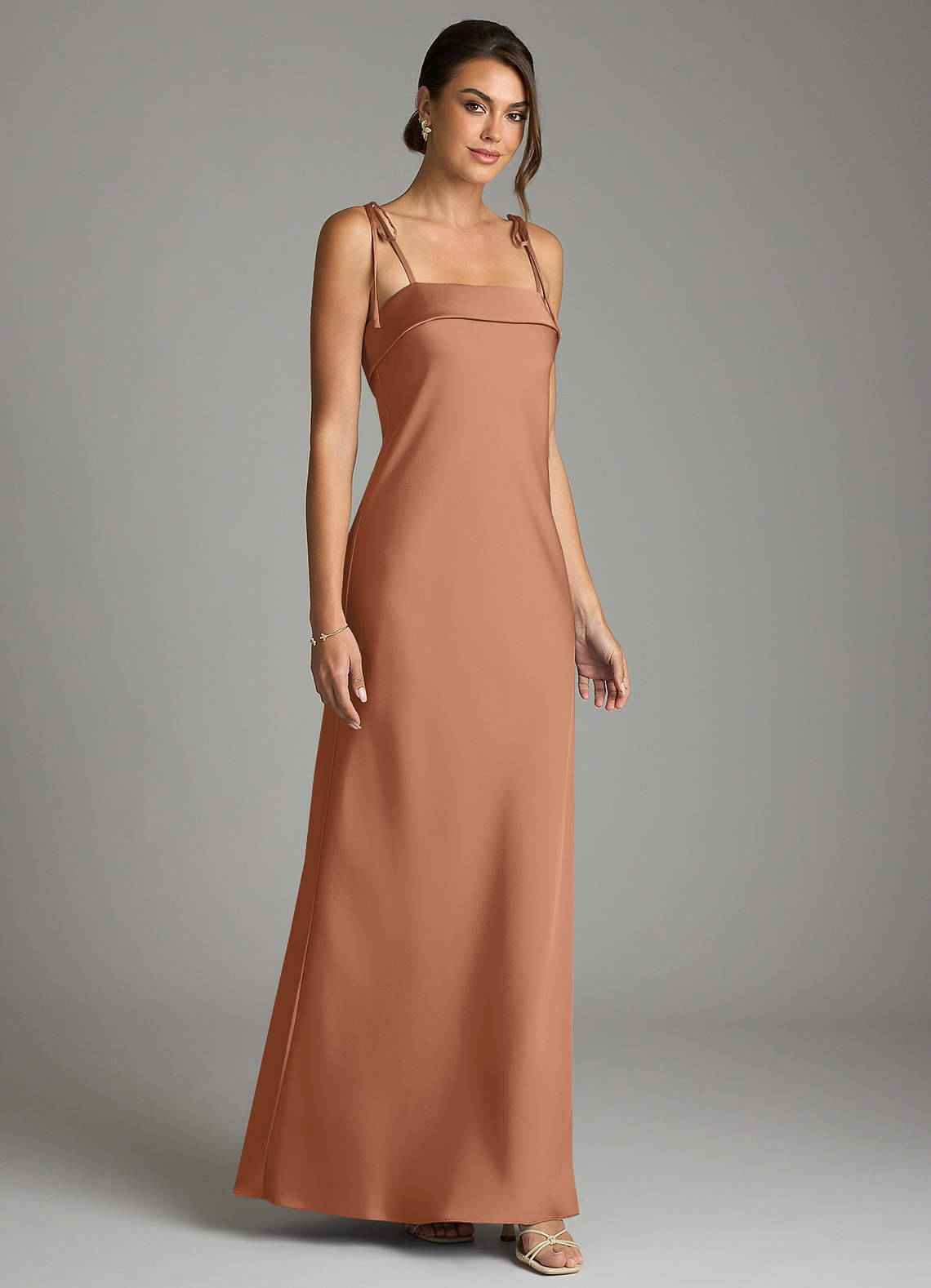 Ellia Sheath Straight-Neck Stretch Satin Bridesmaid Dress in Bronzer