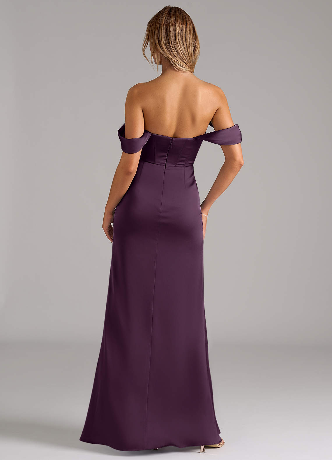 Johana Mermaid Off-the-Shoulder Stretch Satin Bridesmaid Dress in Plum
