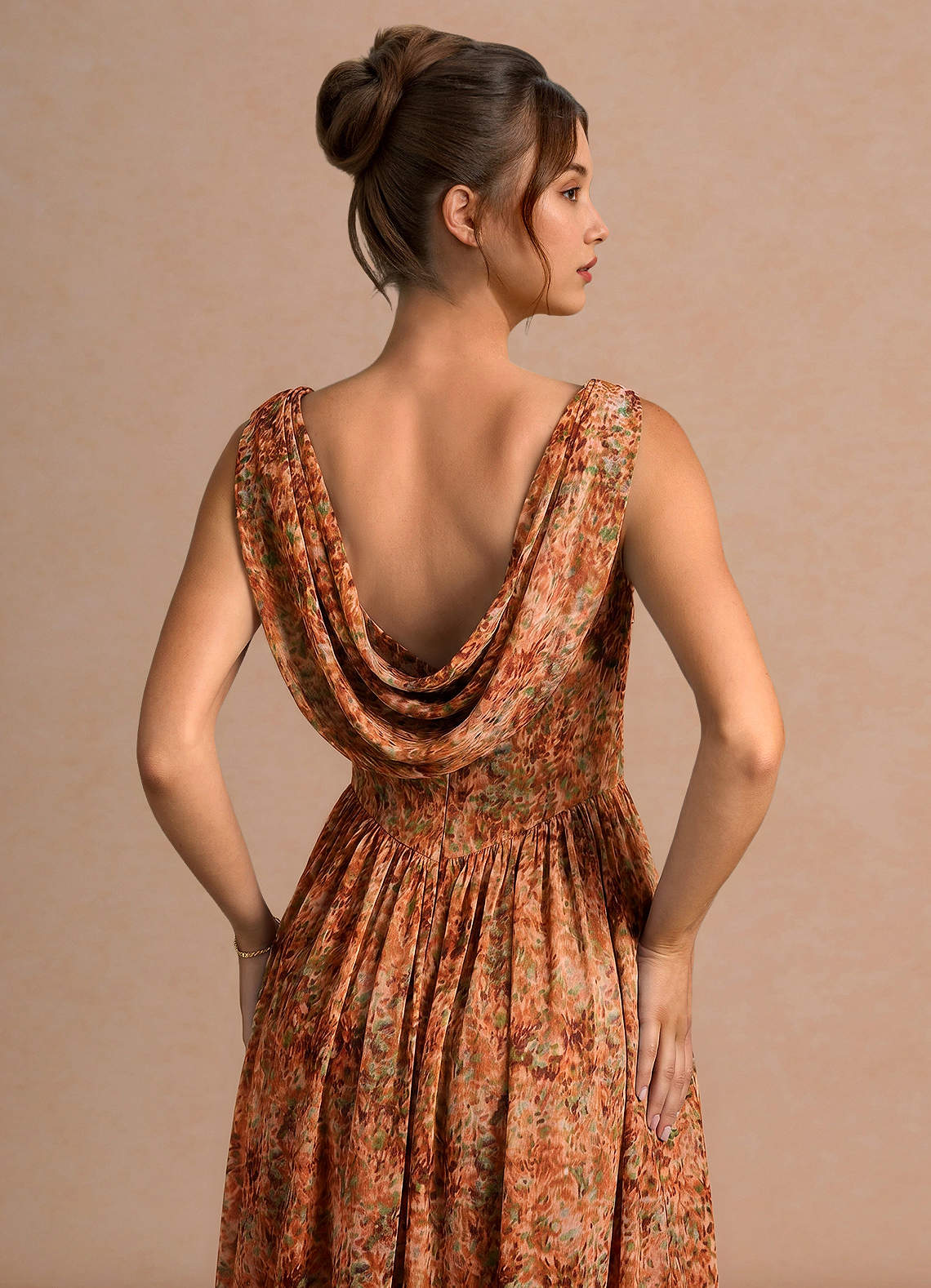 Aurore A-Line Cowl-Neck Chiffon Wedding Guest Dress in Orange Floral