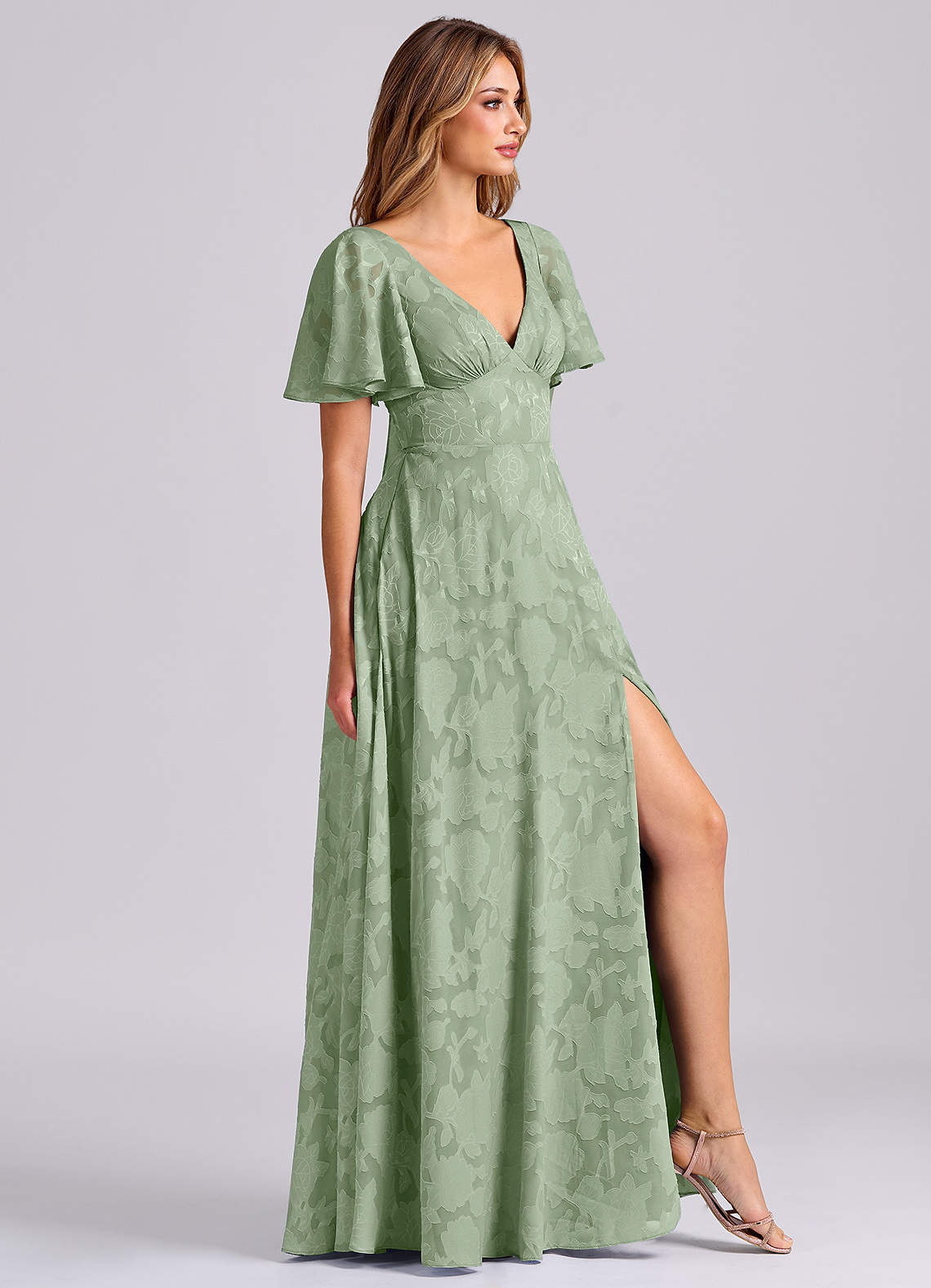 Kimber A-Line V-Neck Floral Burnout Bridesmaid Dress in Dusty Sage