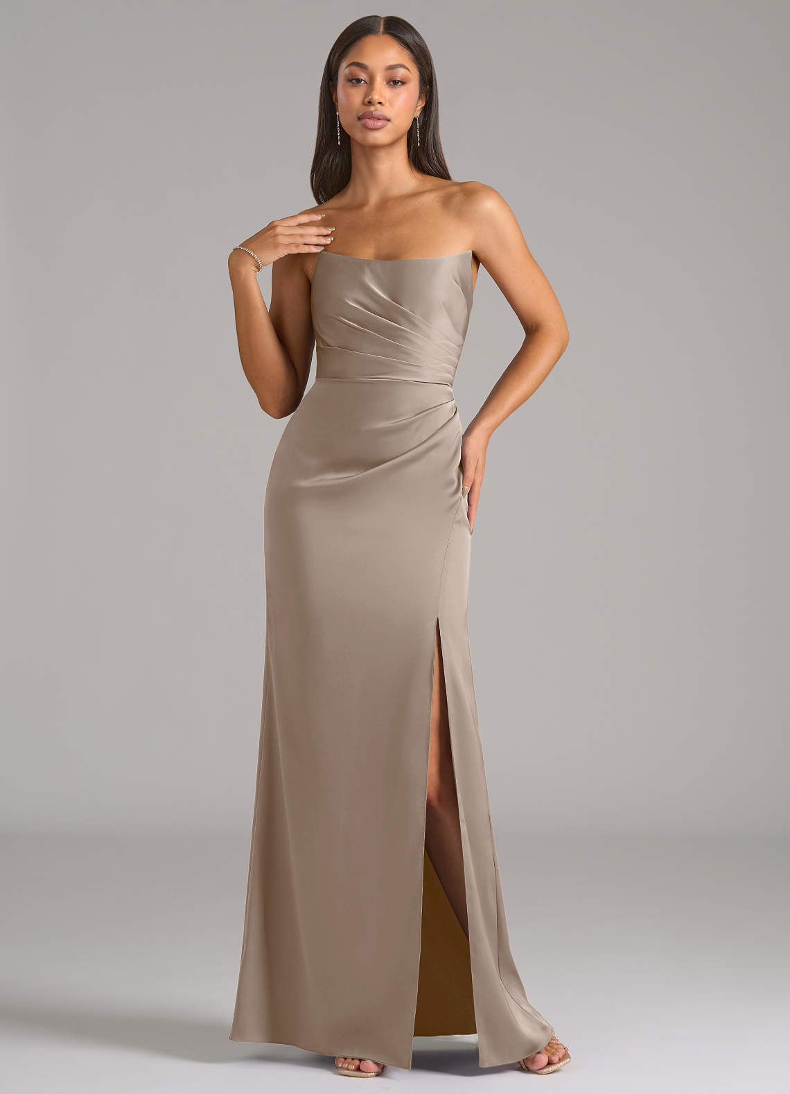 Marla Sheath Strapless Stretch Satin Bridesmaid Dress in Taupe