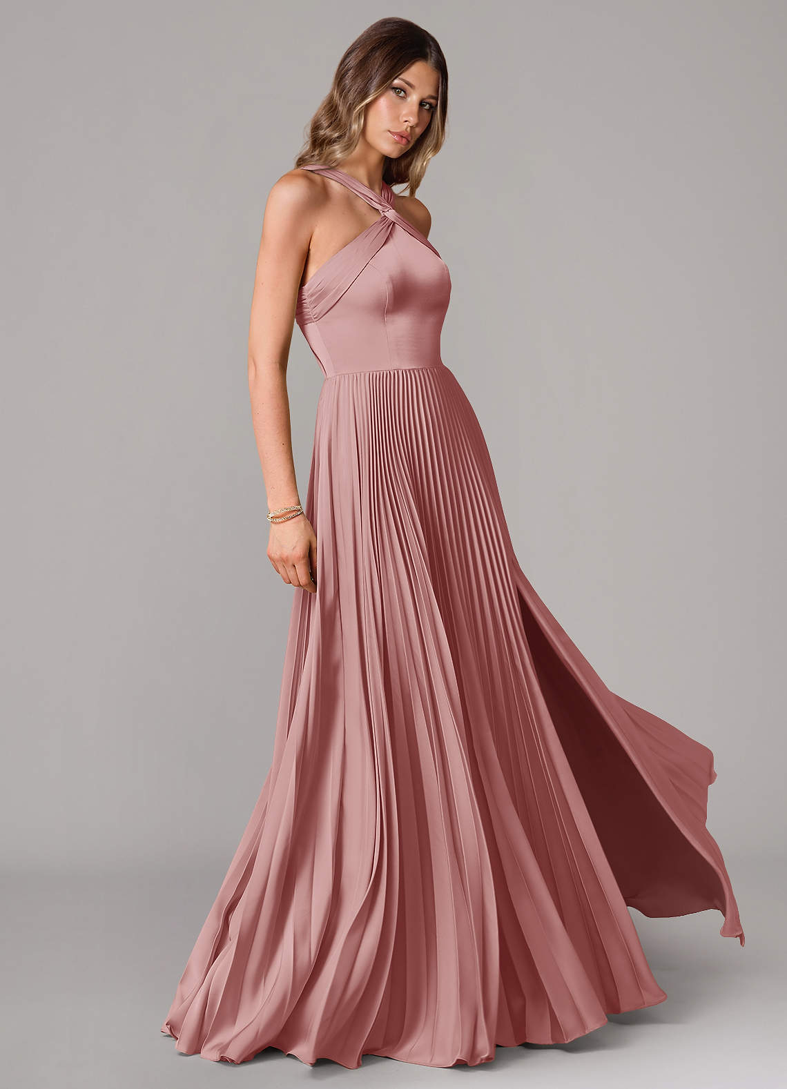 Afra A-Line Halter-Neck Stretch Satin Bridesmaid Dress in dusty rose