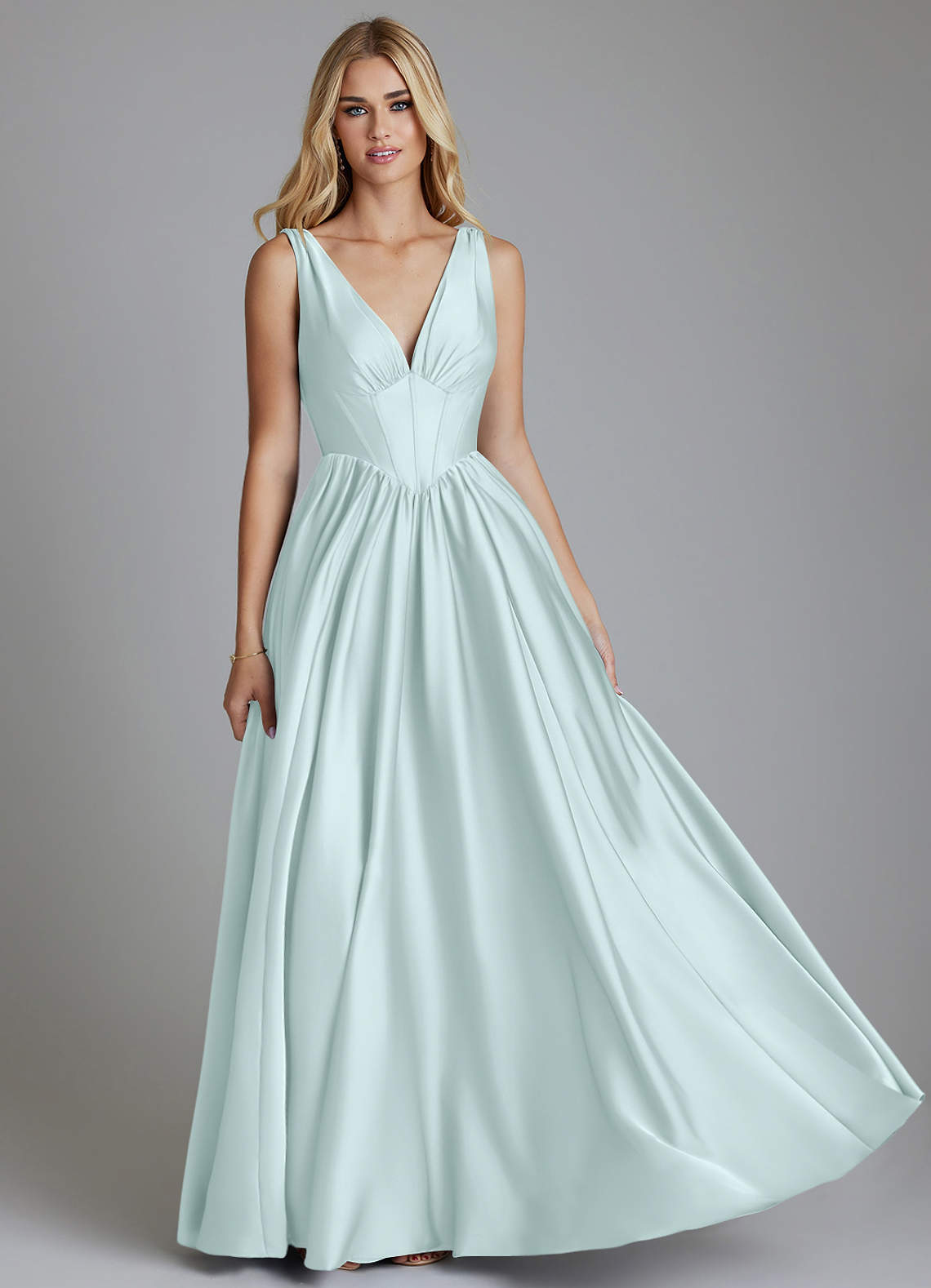 Delmie A-Line V-Neck Stretch Satin Bridesmaid Dress in Sea Glass