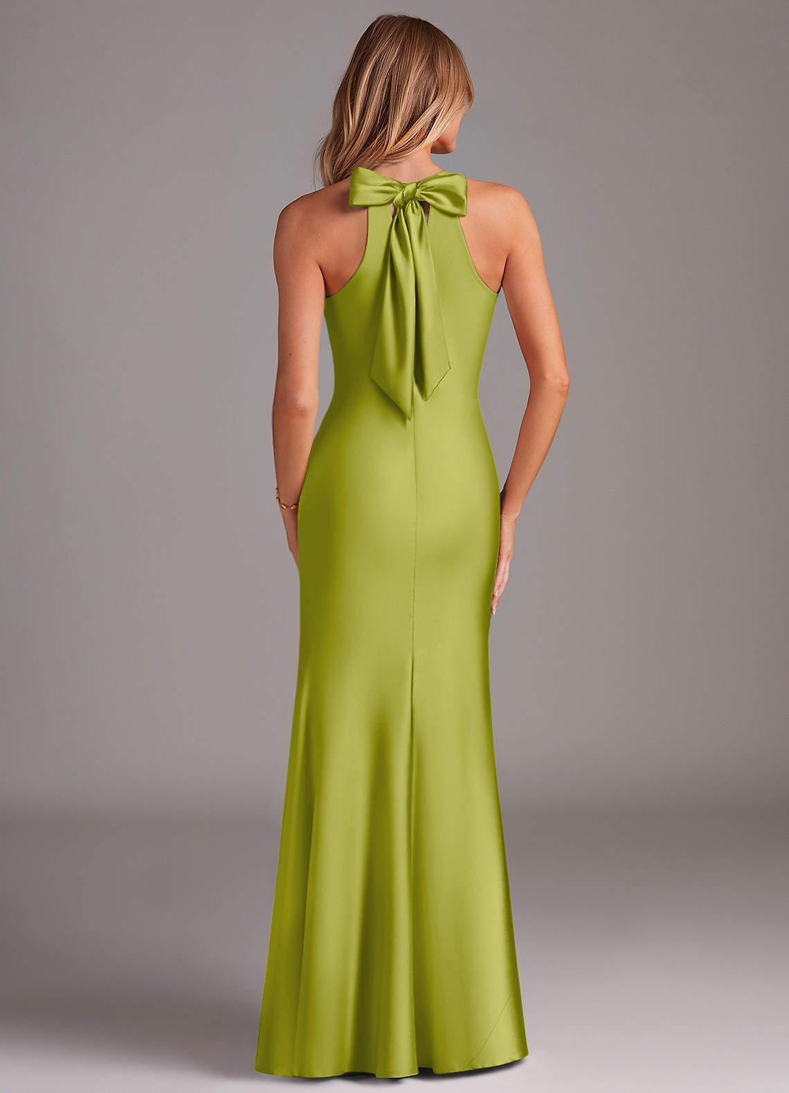 Doretta Mermaid Halter Stretch Satin Bridesmaid Dress in Lemongrass
