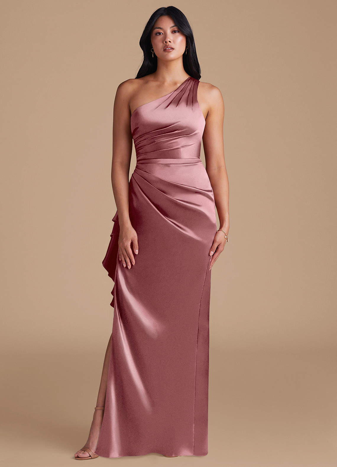 Latrice Sheath One-Shoulder Metallic Satin Bridesmaid Dress in Vintage Mauve