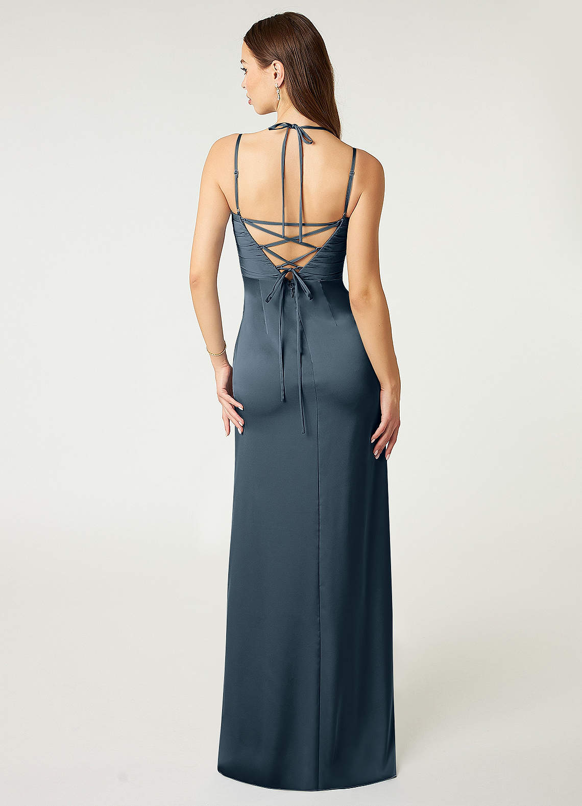 Desi Sheath Halter Stretch Satin Bridesmaid Dress in Twilight