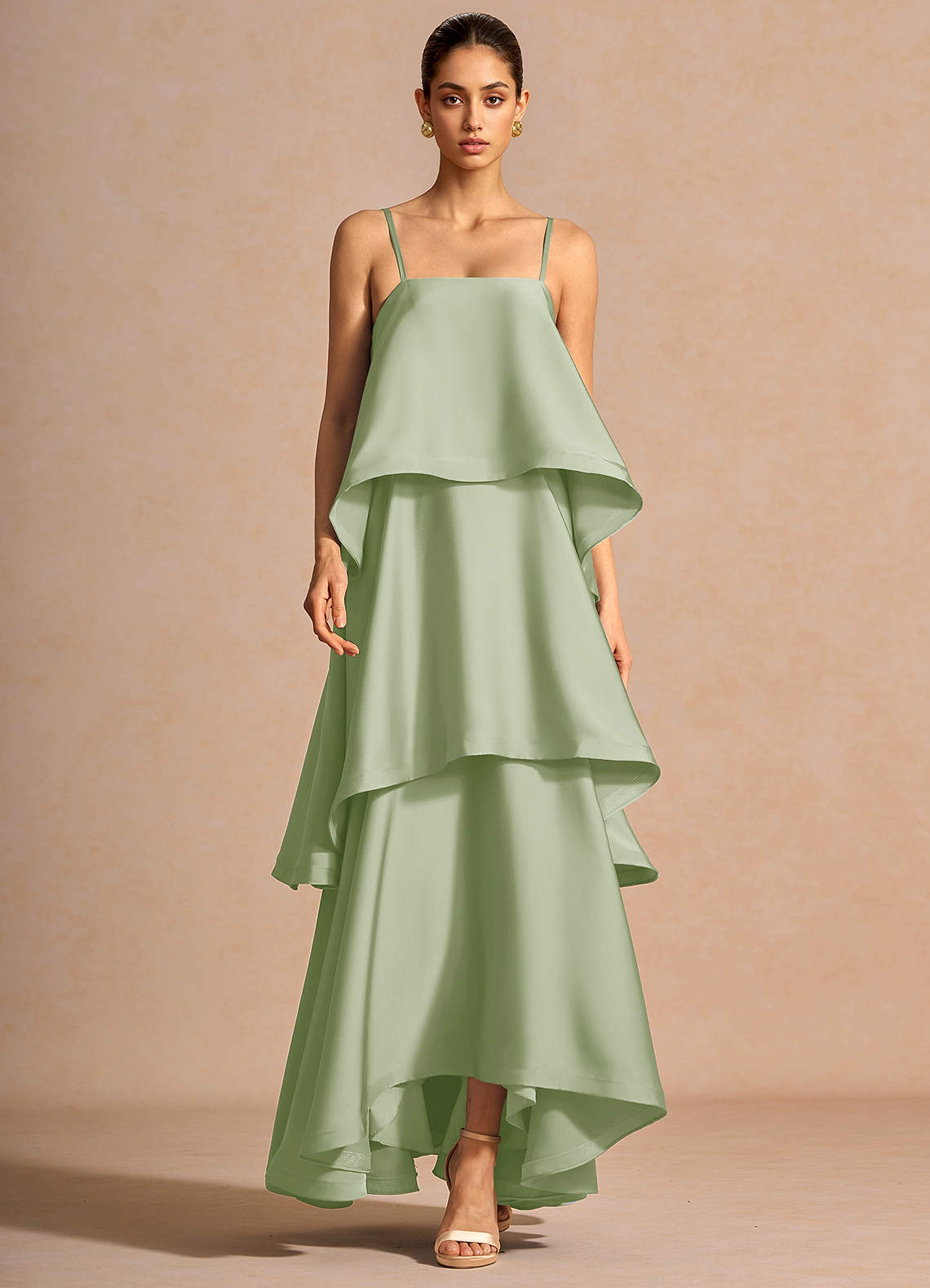 Itasca A-Line Tiered Stretch Satin Wedding Guest Dress in Light Green